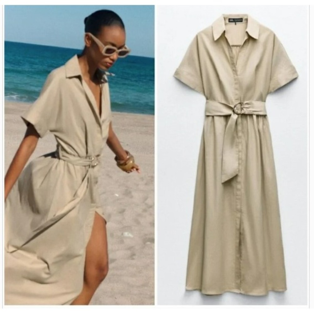 Zara Midi Shirt Dress Womens S Beige Linen Blend Belted